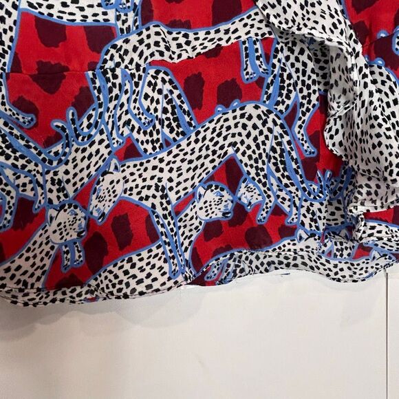 Parker Peplum Top Leopard Silk Small Red White Cheetah Print Ruffle Short Sleeve - Picture 13 of 14